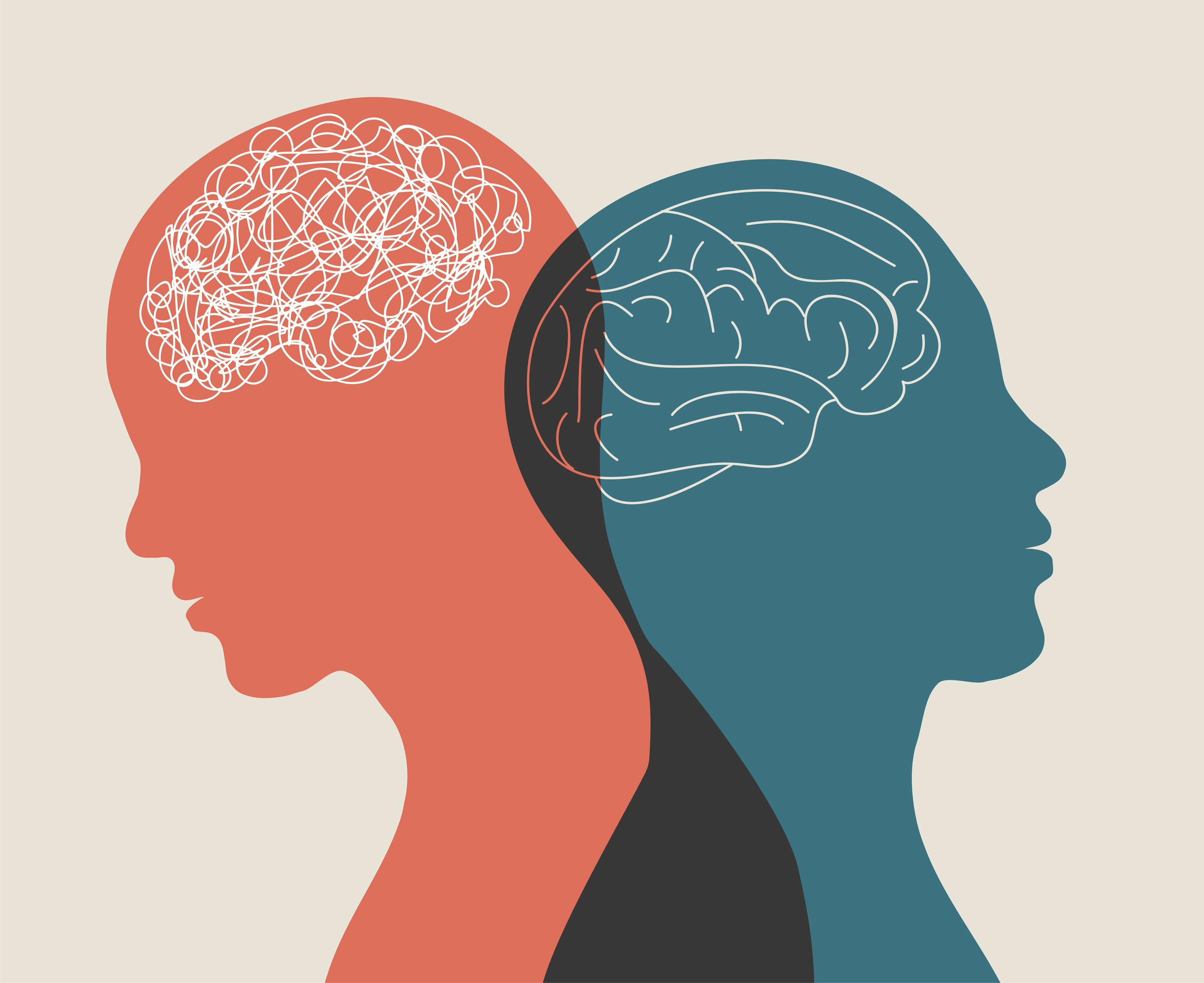 Metaphor bipolar disorder mind mental. Double face. Split personality. Concept mood disorder. 2 Head silhouette.Psychology. Mental health. Dual personality concept. Tangle and untangle | Image credit: Melita - stock.adobe.com