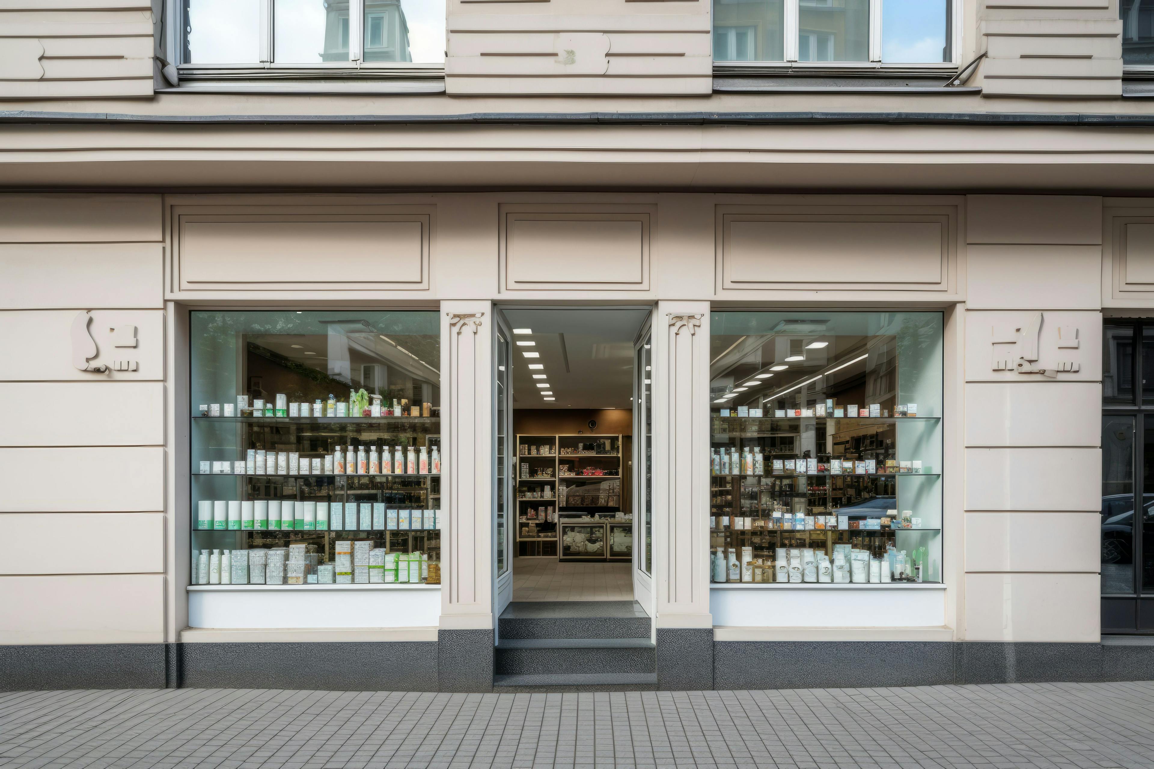 Modern pharmacy building facade with large window showcasing the interior, as seen from the street view, promoting a welcoming atmosphere for customers. Frontal view. Generative AI - Image credit: Karrrtinki | stock.adobe.com
