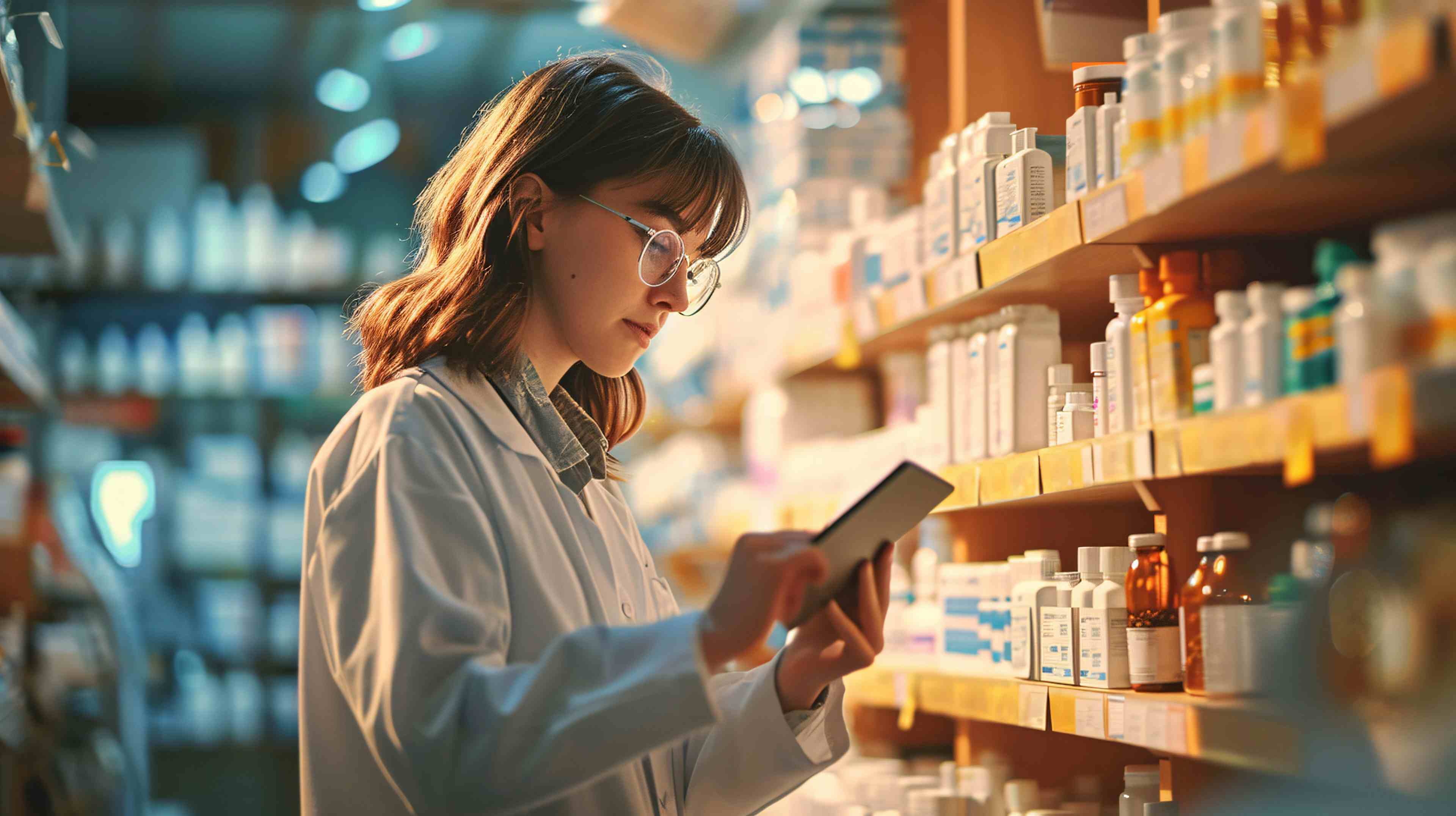 Woman using a tablet in a drugstore while a female pharmacist takes inventory