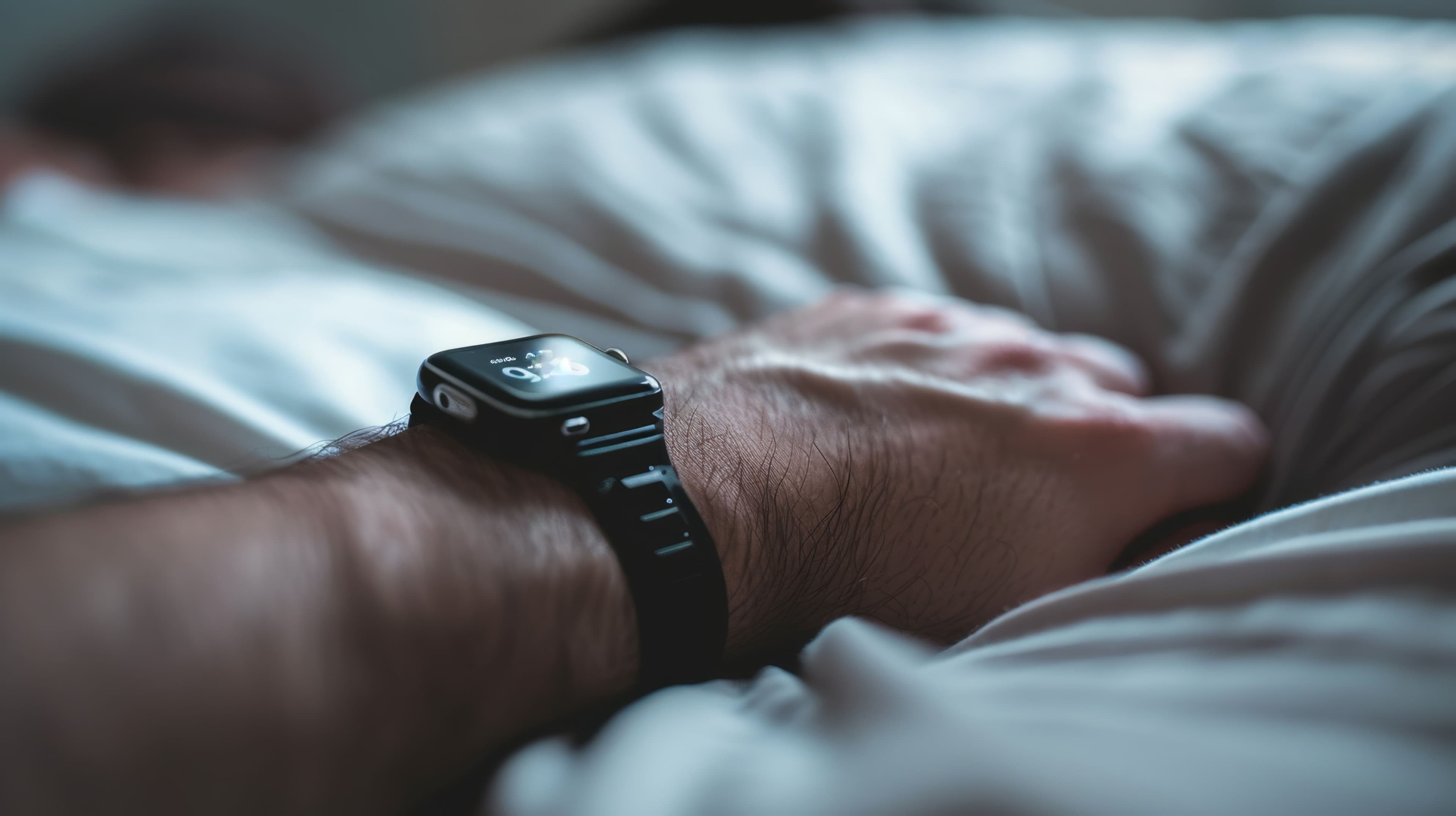 A close-up of a hand holding a smart watch with a sleep tracker, highlighting the use of technology to monitor and improve sleep quality.