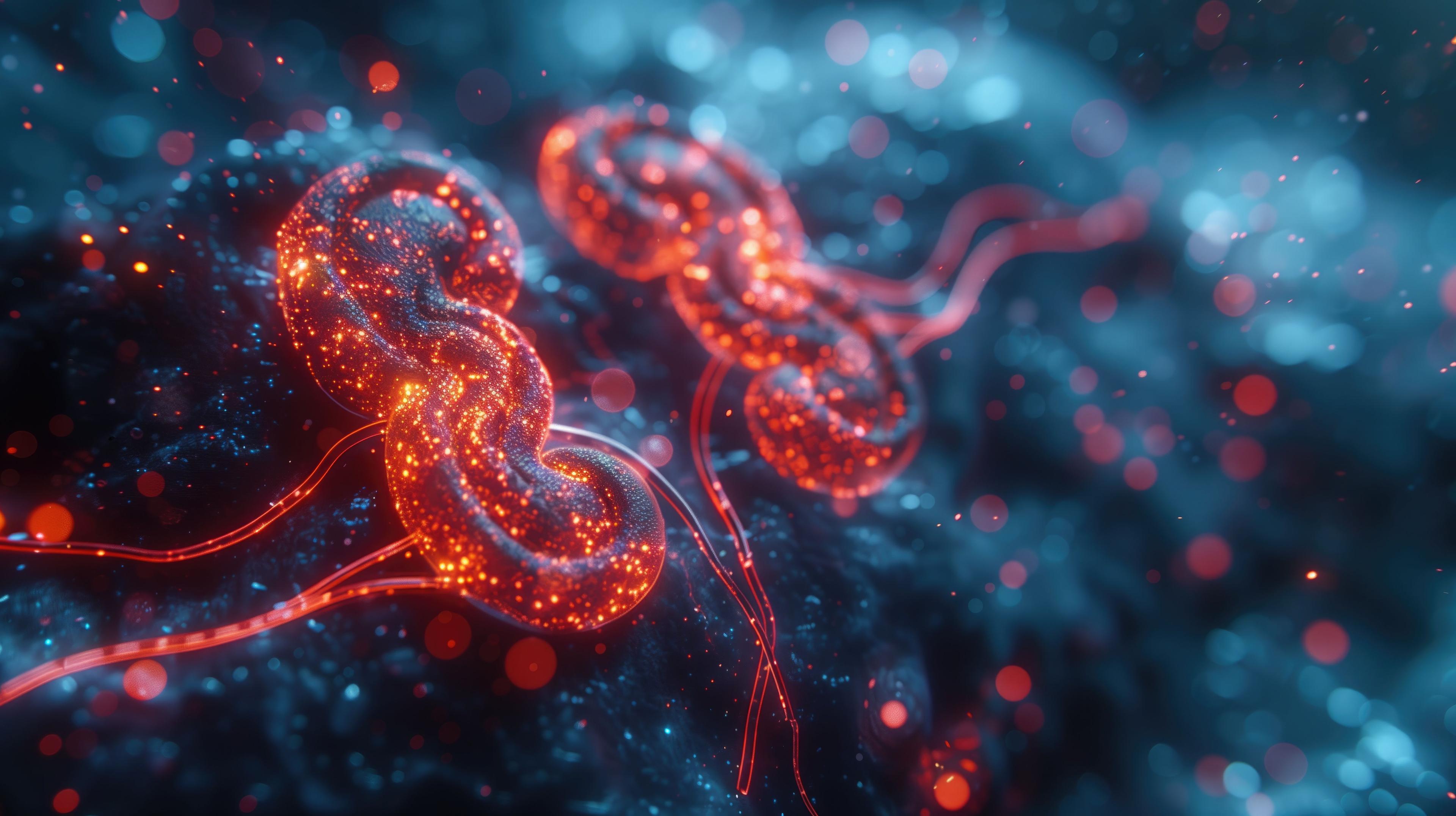 A detailed view of kidneys showing the effects of chronic kidney disease, including damaged nephrons