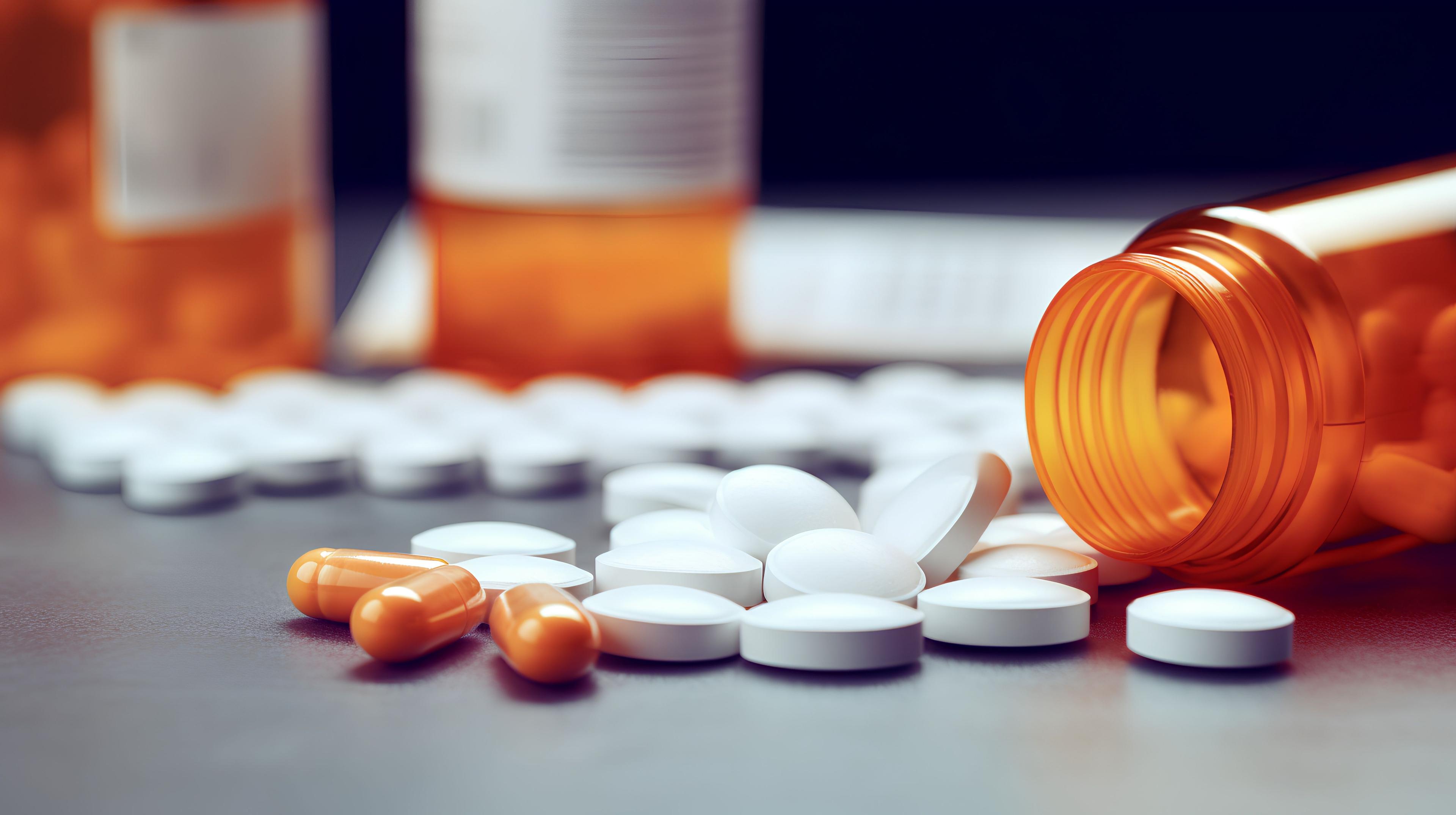 An array of prescription pills, medicine capsules, and tablets scattered, symbolizing the widespread issue of opioid addiction and the resulting crisis