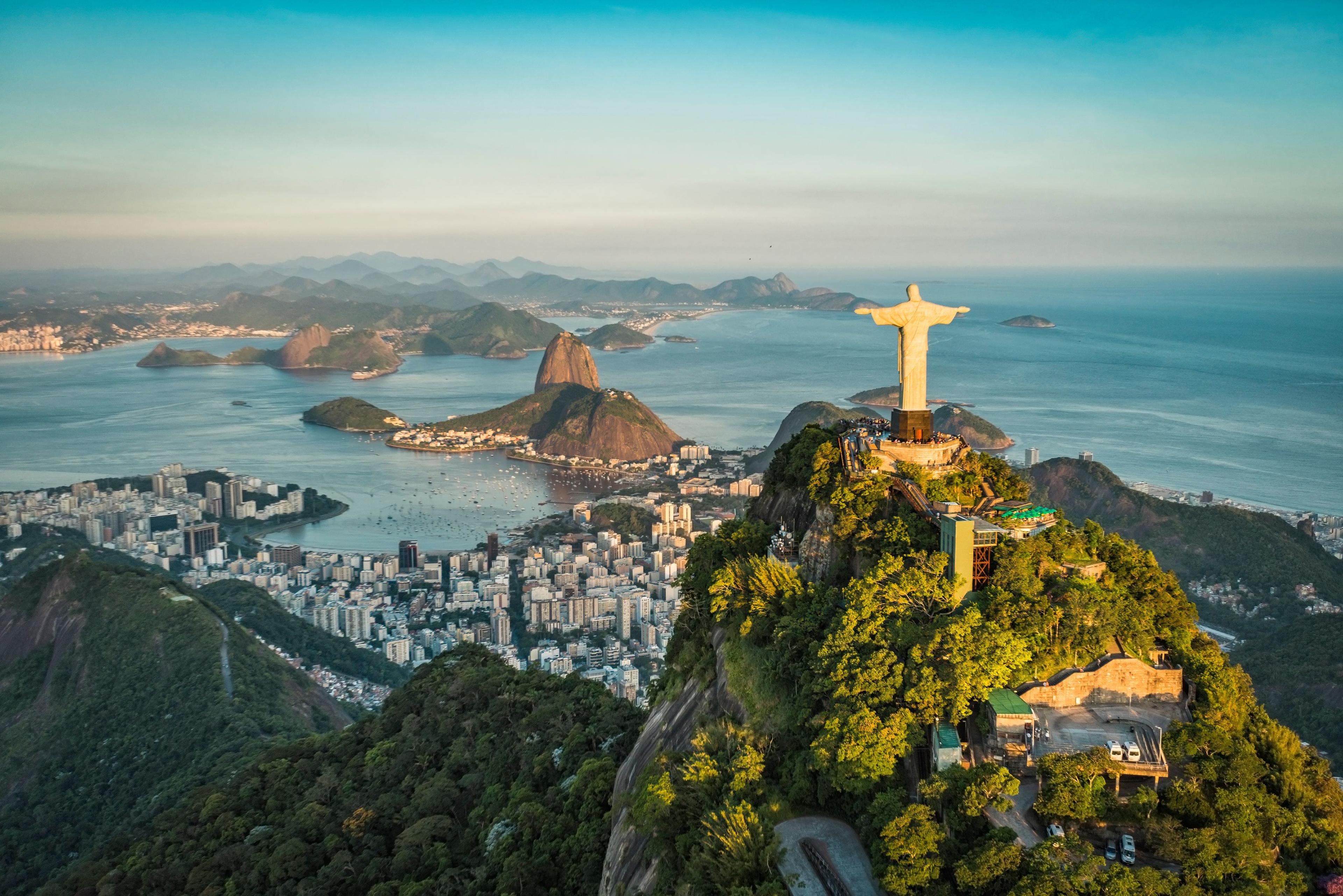 Aerial view of Christ and Botafogo Bay from high angle, Rio de Janeiro, Brazil