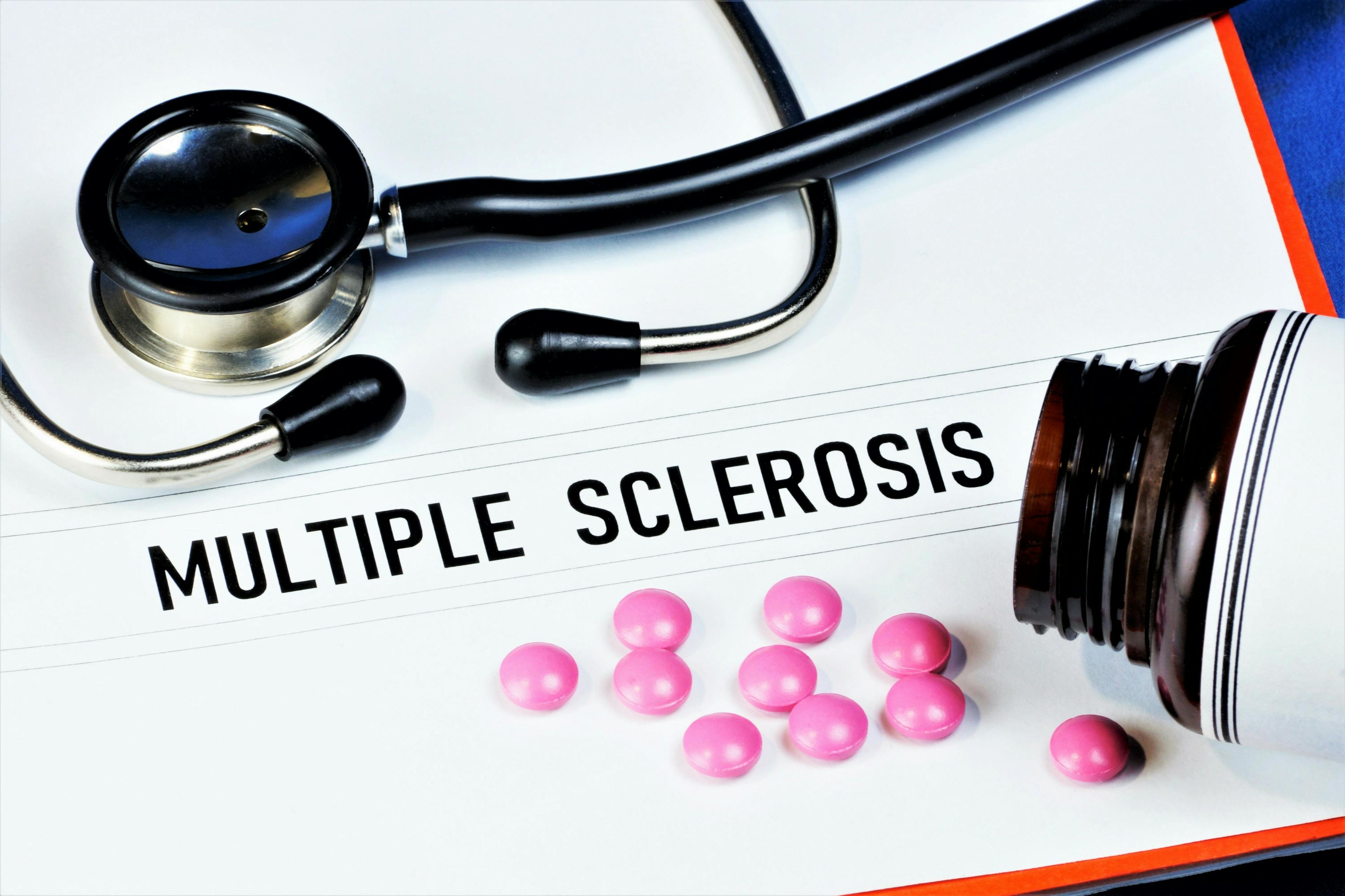 Multiple sclerosis image with a stethoscope and pills, medication image
