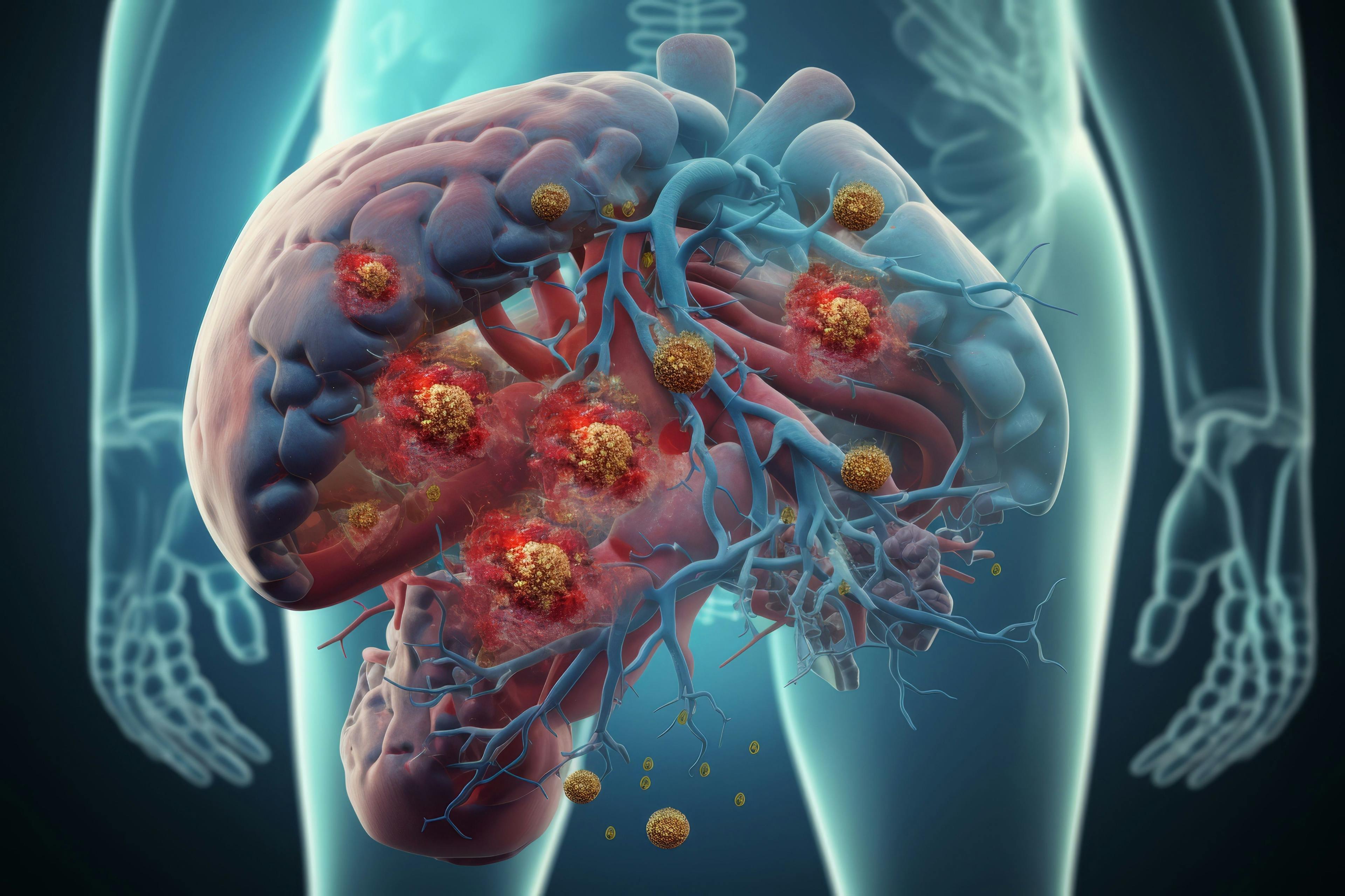 Human liver anatomy with hepatitis B virus.