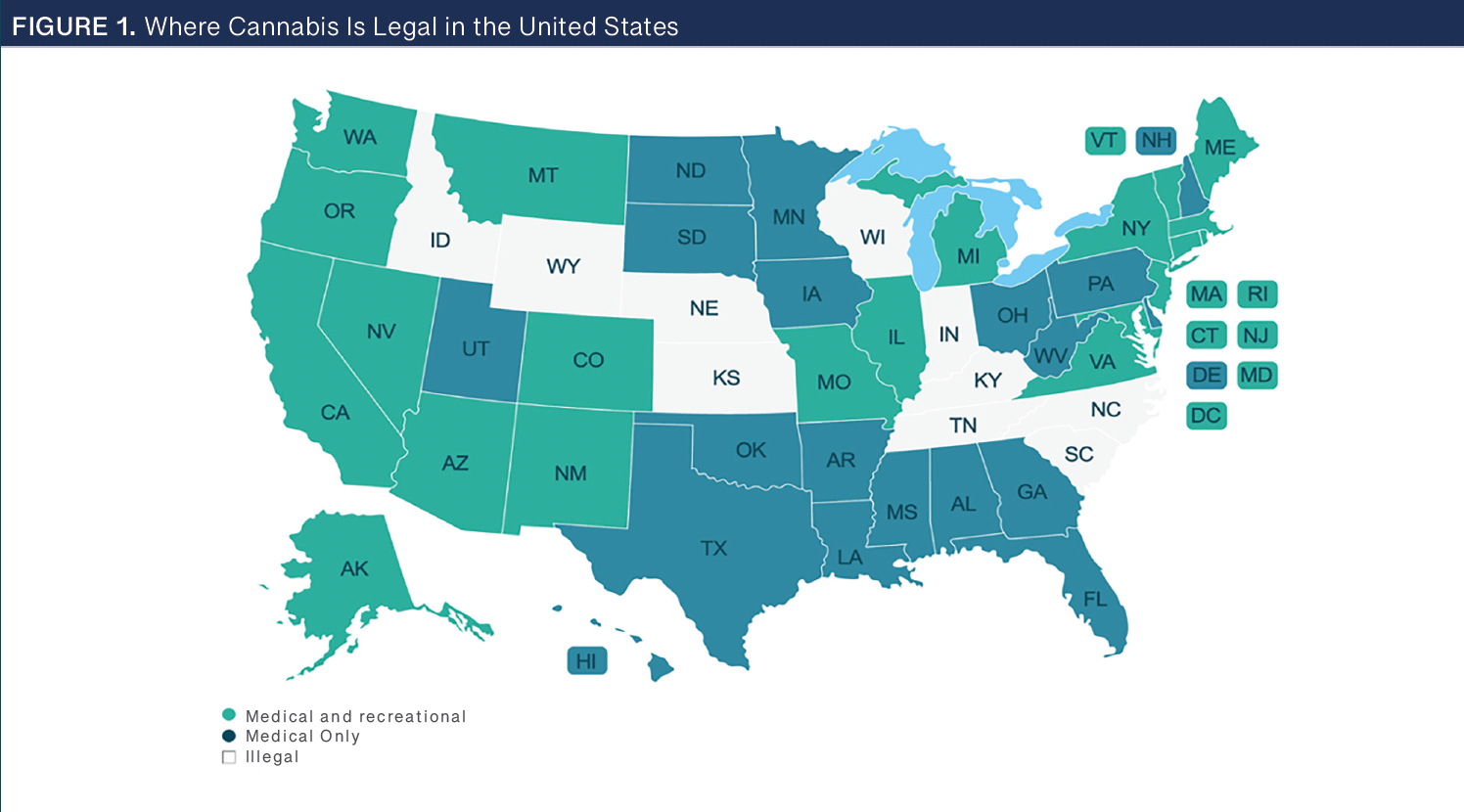 This color-coded map of the United States illustrates the dynamic patchwork of cannabis legality. The map was last updated in December 2022, and since that time there have been changes in Delaware, Ohio, and Minnesota, which all voted to legalize adult-use cannabis. The evolving legal landscape for cannabis reflects the shifting attitudes, regulations, and state policies. Image sourced with permission from The Cannigma.