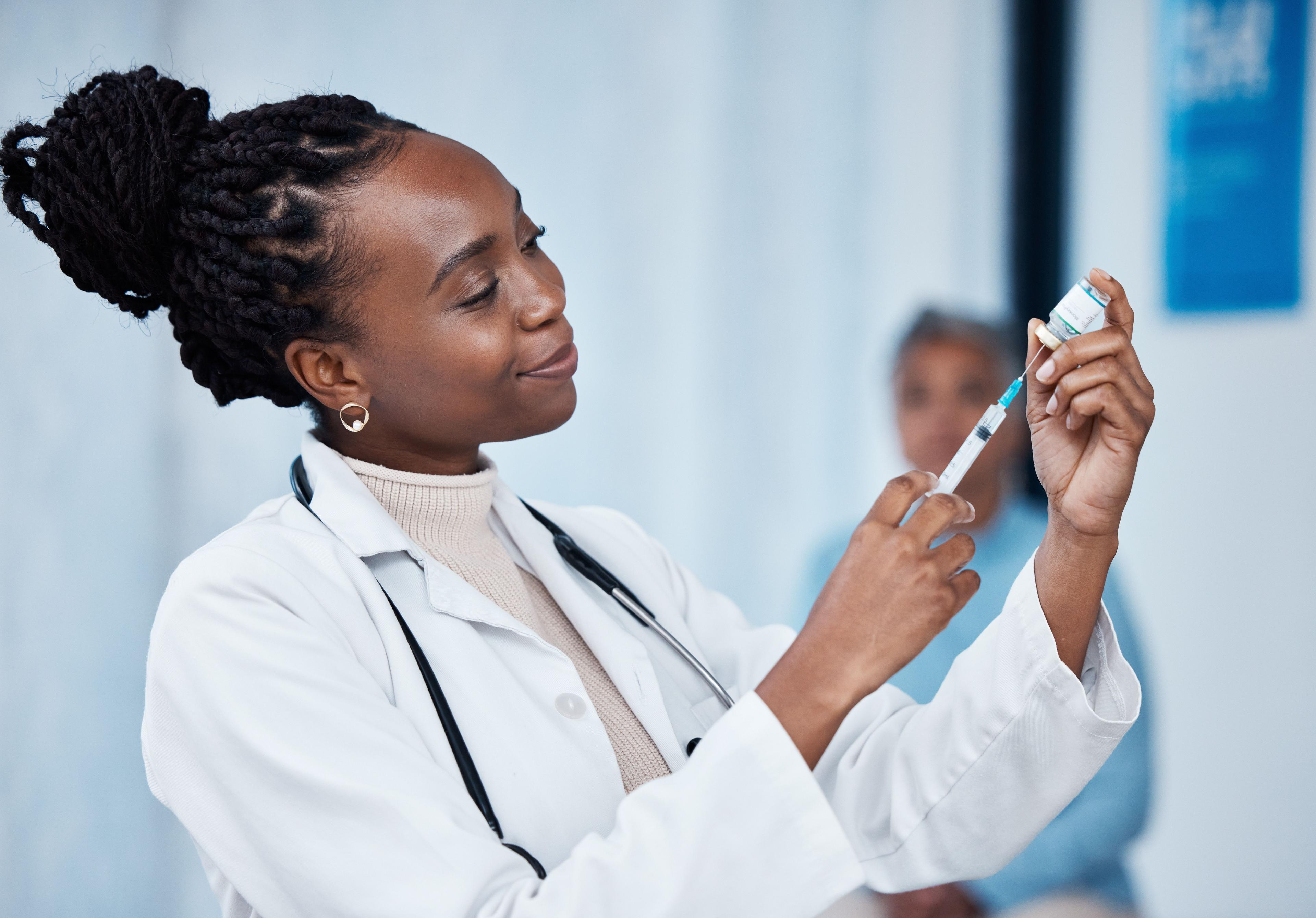 Monkeypox vaccine, hospital needle and doctor nurse with medicine bottle, medical vial or booster injection.