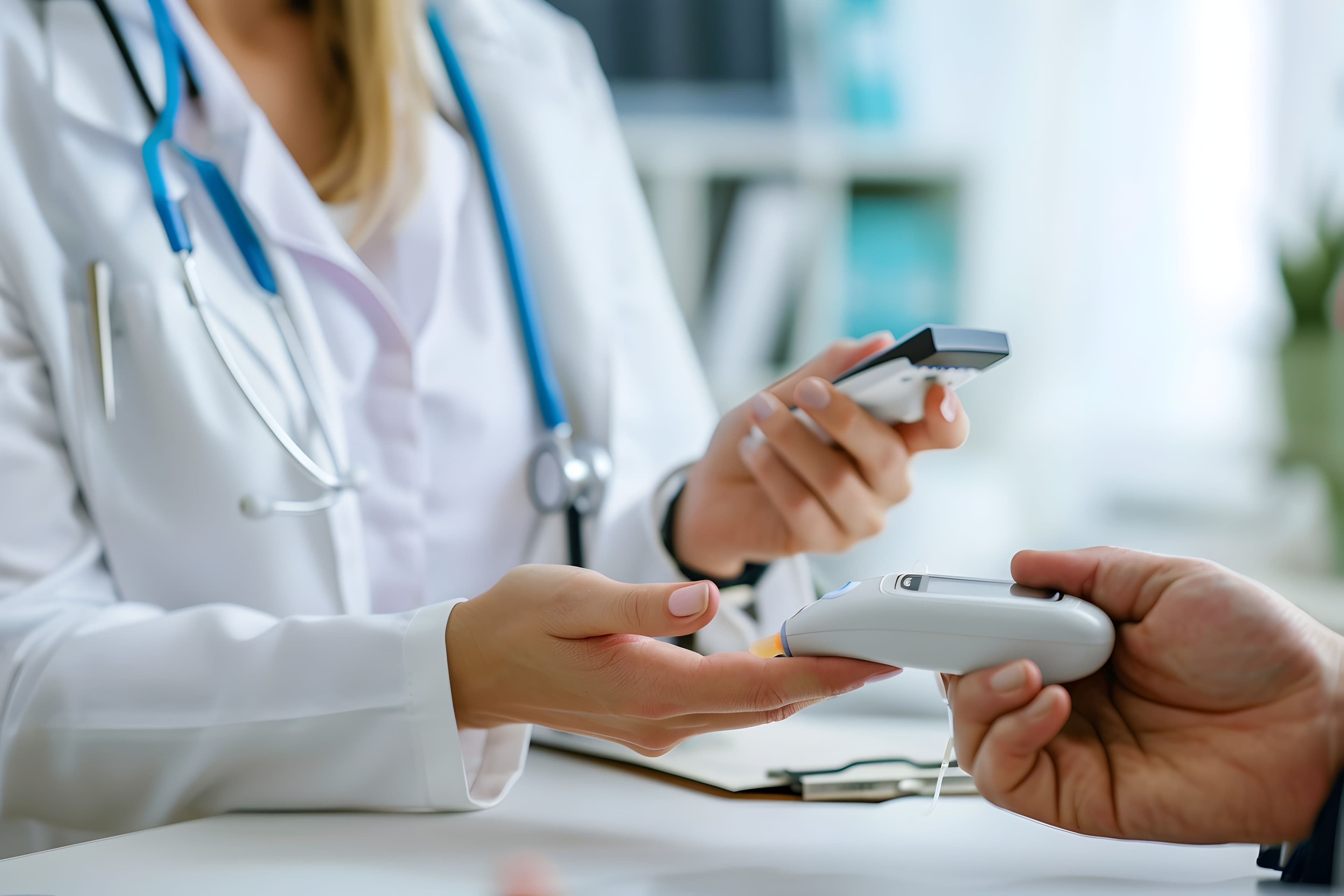 Healthcare Provider Demonstrating Glucose Monitoring Device to Patient - Image credit: Ratchadaporn | stock.adobe.com