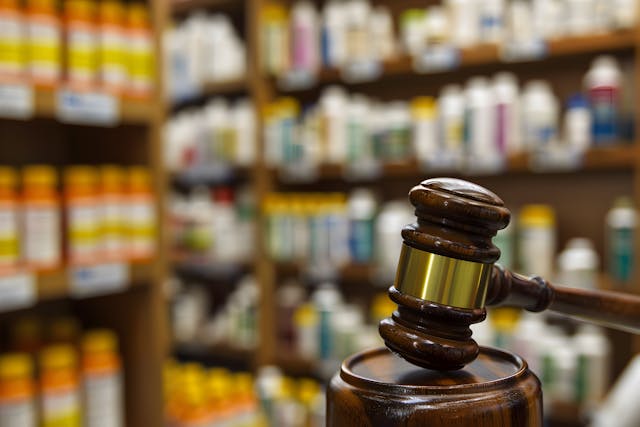 A judge's gavel sits on a wooden podium in front of a pharmacy. The pharmacy is filled with various bottles and containers - Image credit: tracy | stock.adobe.com 