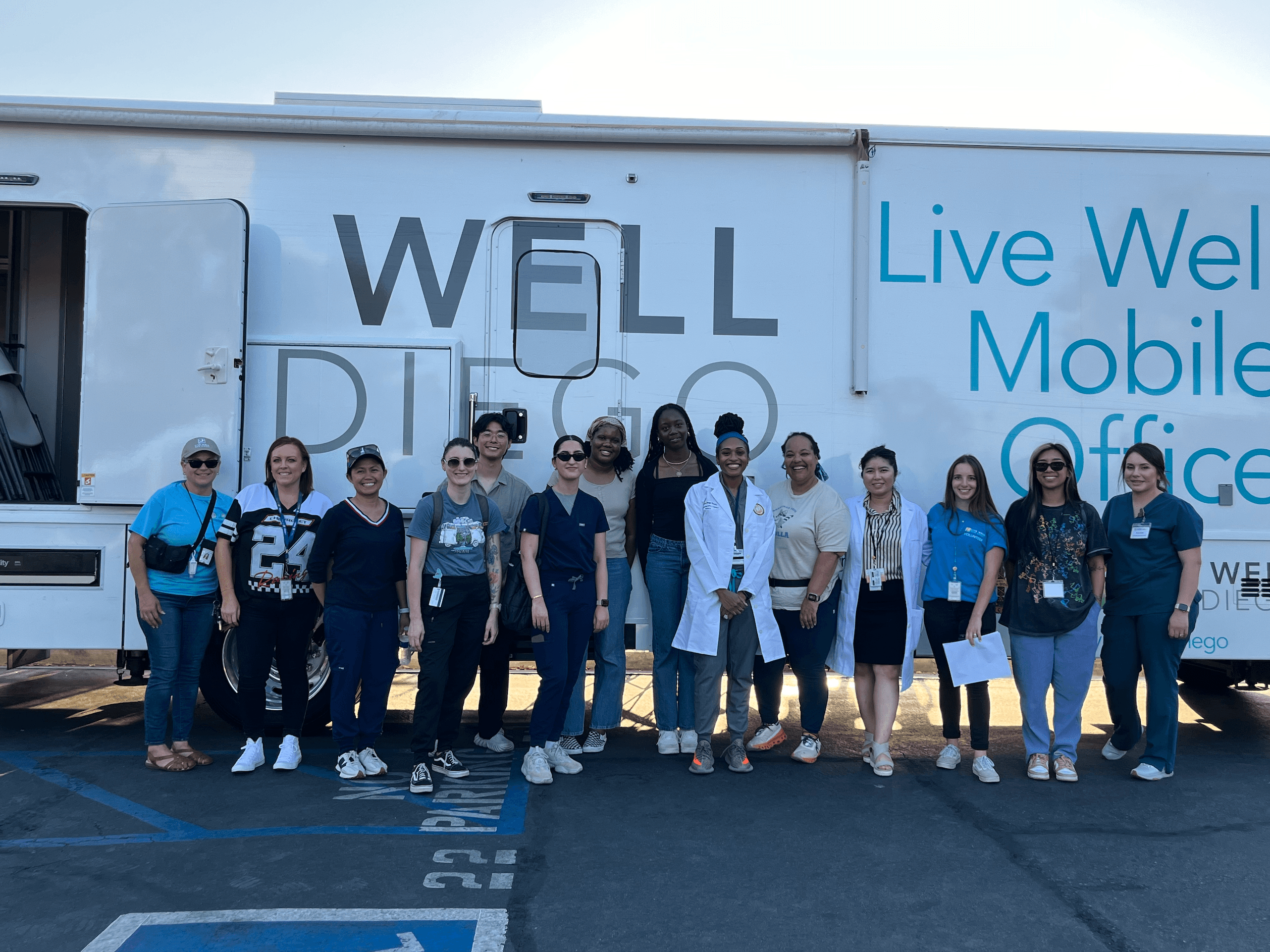 A picture following the launch of the San Diego Outreach Community Clinics (executed by the UC San Diego School of Pharmacy and the County of San Diego Health Department), which provides screenings for blood pressure and blood glucose and vaccinations within vulnerable communities. Taken August 2024.