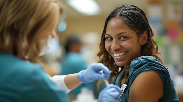 Community health worker provides a vaccine to a patient.