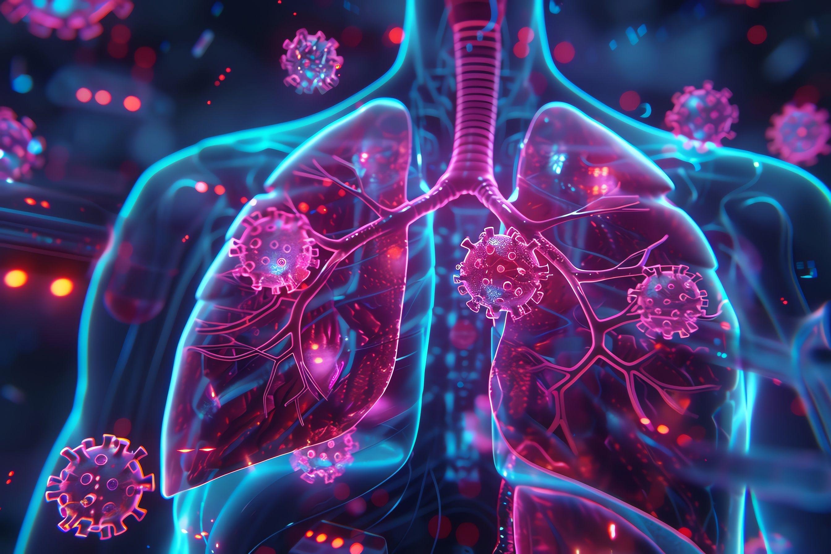 Human lungs respiratory anatomy with virus.