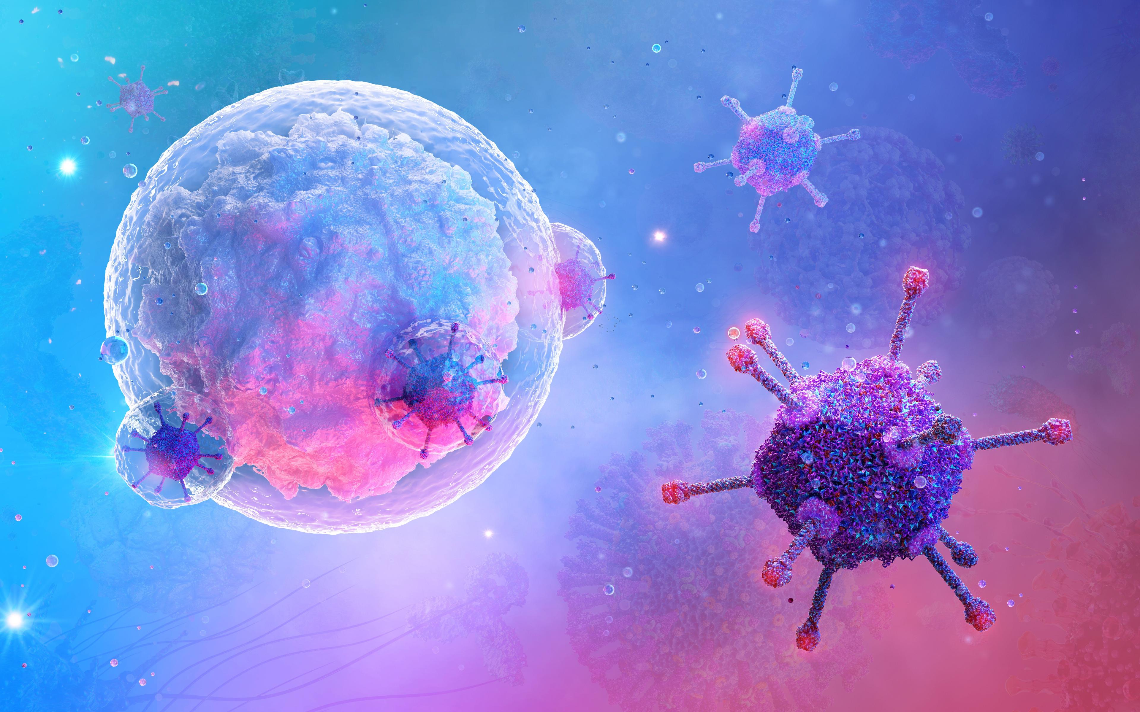 B-cell, white blood cell 3D, type of lymphocyte interacting with a virus. Adaptive immune response, CAR-T cell therapy.